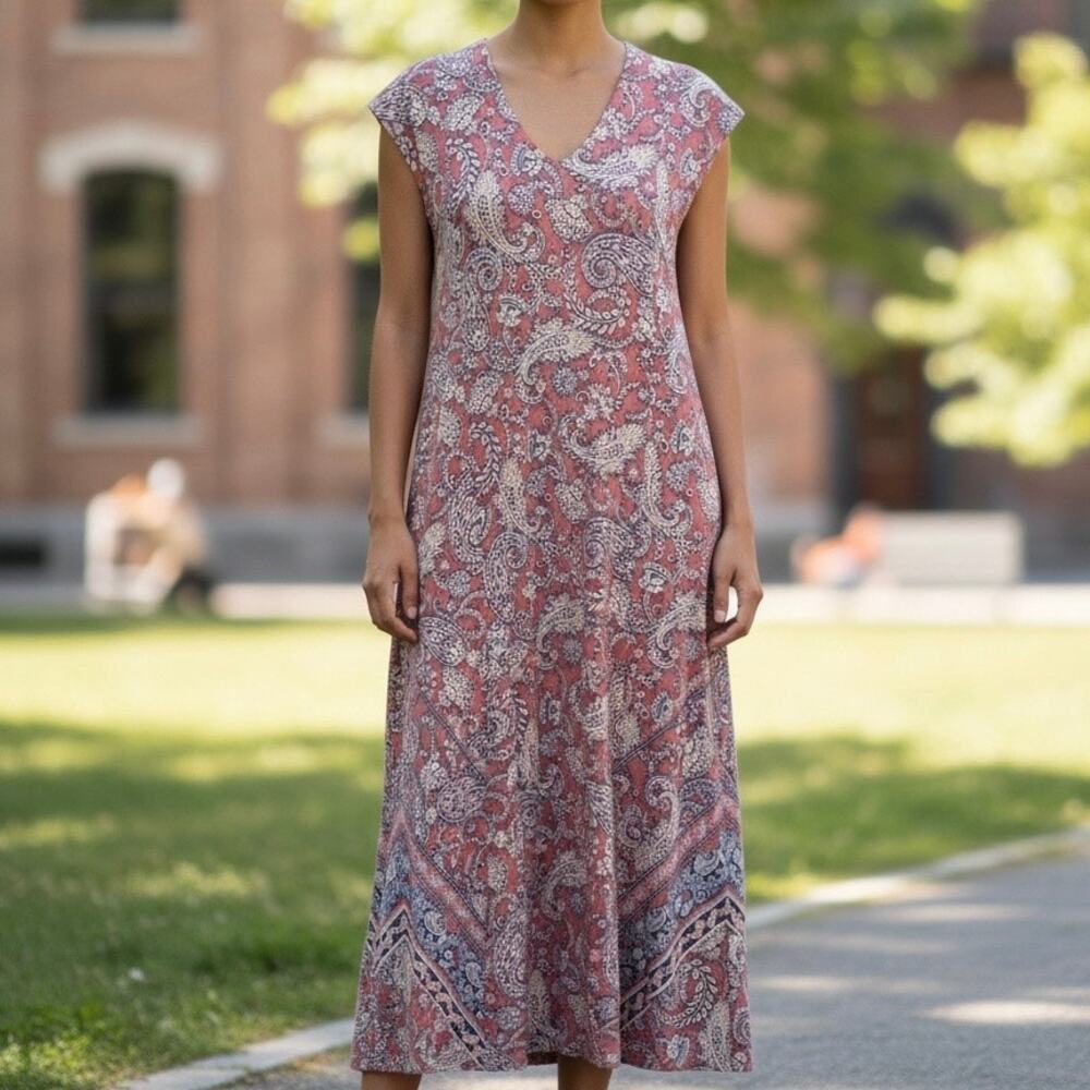 J Jill Floral Paisley Cotton Modal Knit Midi Dress Women's Small Coral Pink